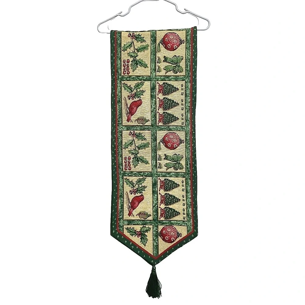 Christmas Tapestry Table Runner Cardinal Birds‎ Ornaments Trees Holiday 5' 8